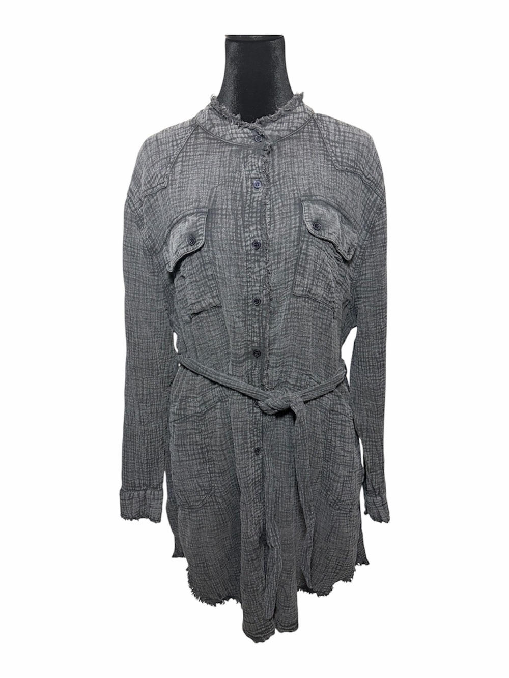 Ivy Jane Textured Gray Button-Front Belted Shirt Dress